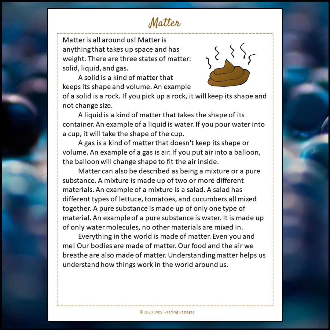 Matter Reading Comprehension Passage and Questions | Printable PDF