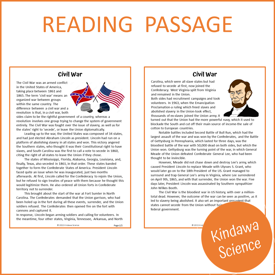 Civil War Reading Comprehension Passage and Questions | Printable PDF