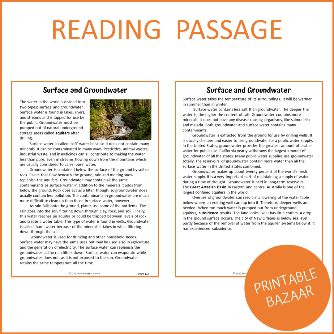 Surface And Groundwater Reading Comprehension Passage and Questions | Printable PDF