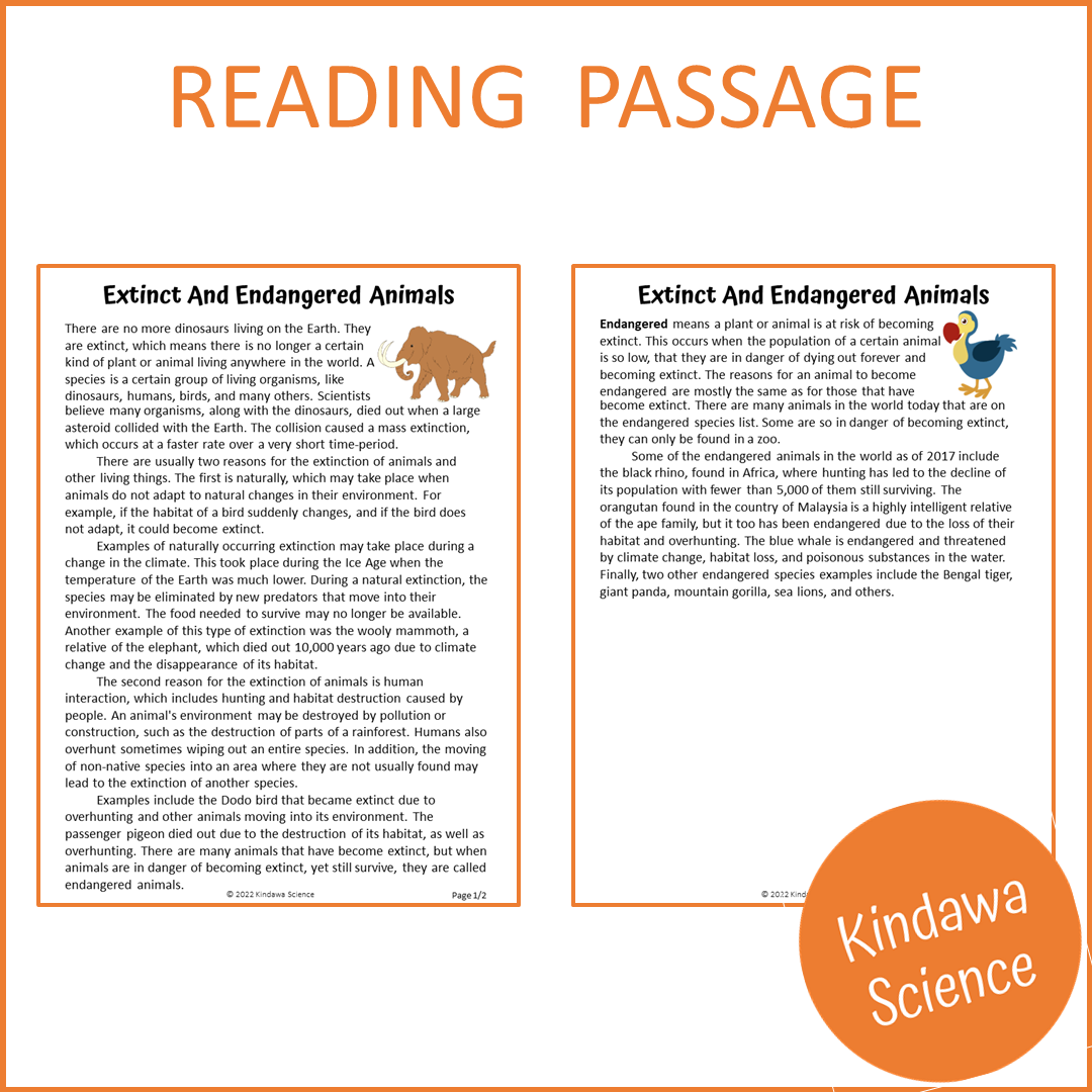 Extinct And Endangered Animals Reading Comprehension Passage and Questions | Printable PDF