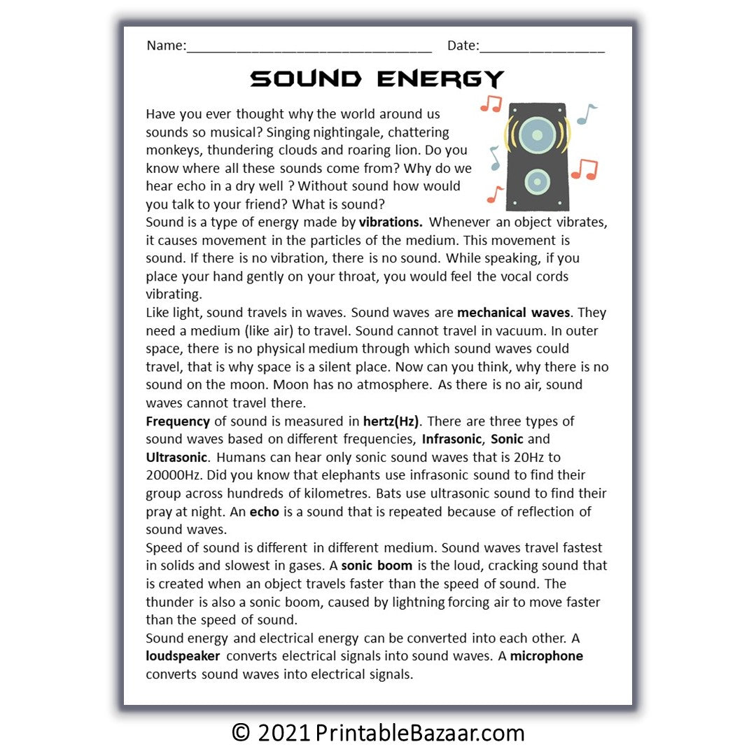 Sound Energy Reading Comprehension Passage and Questions
