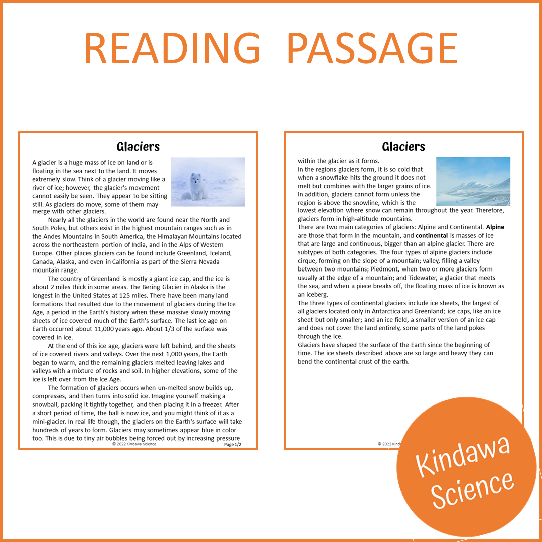 Glaciers Reading Comprehension Passage and Questions | Printable PDF