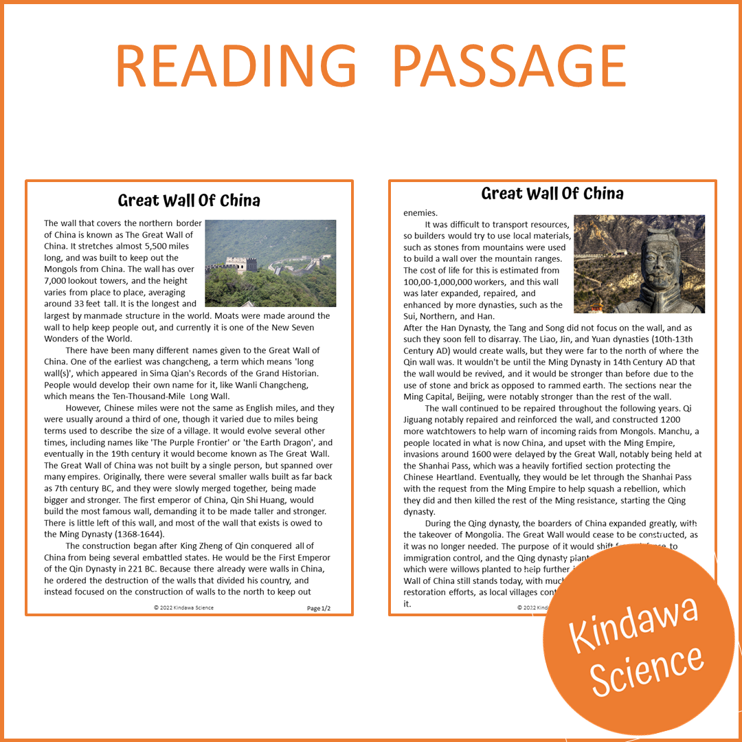 Great Wall Of China Reading Comprehension Passage and Questions | Printable PDF
