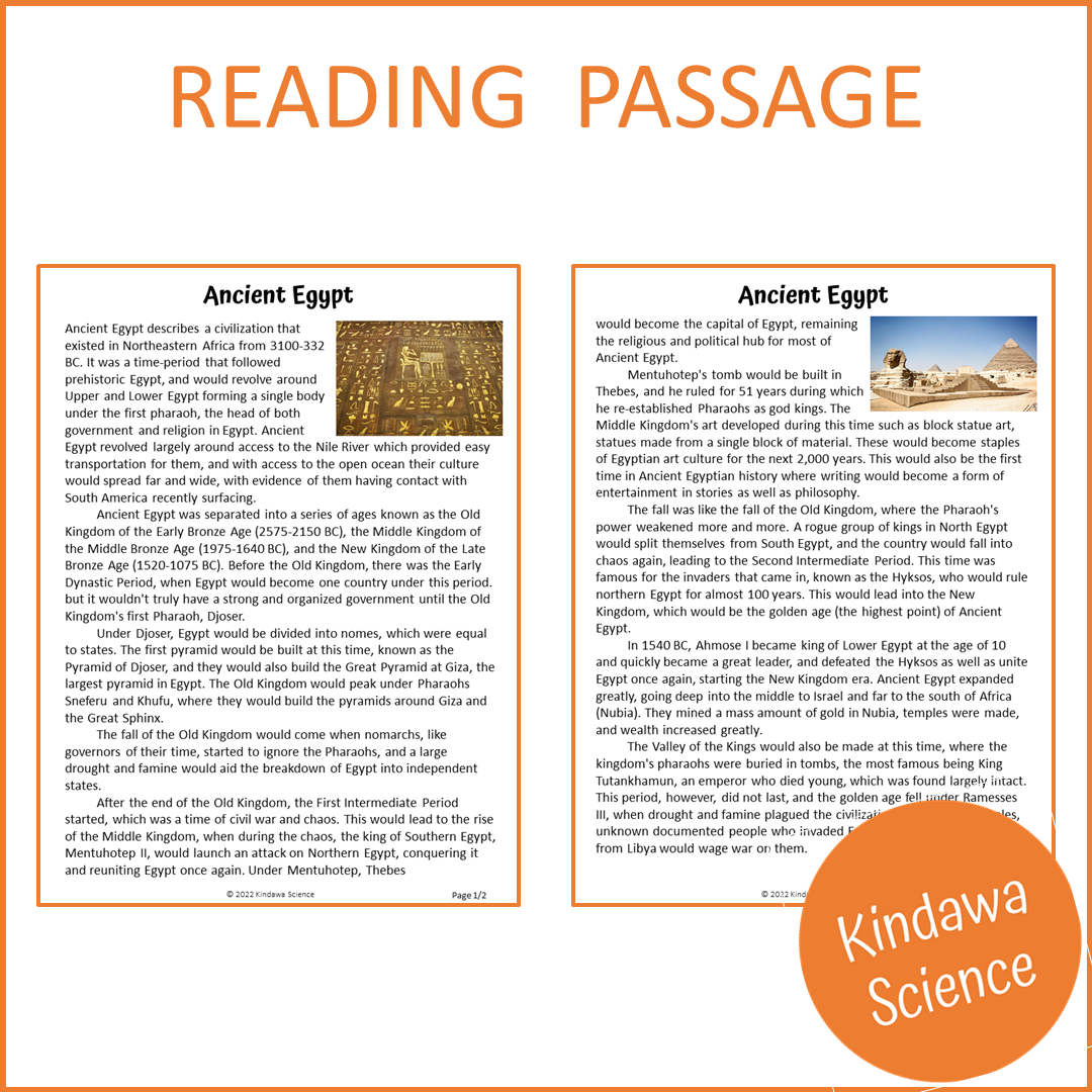 Ancient Egypt Reading Comprehension Passage and Questions | Printable PDF