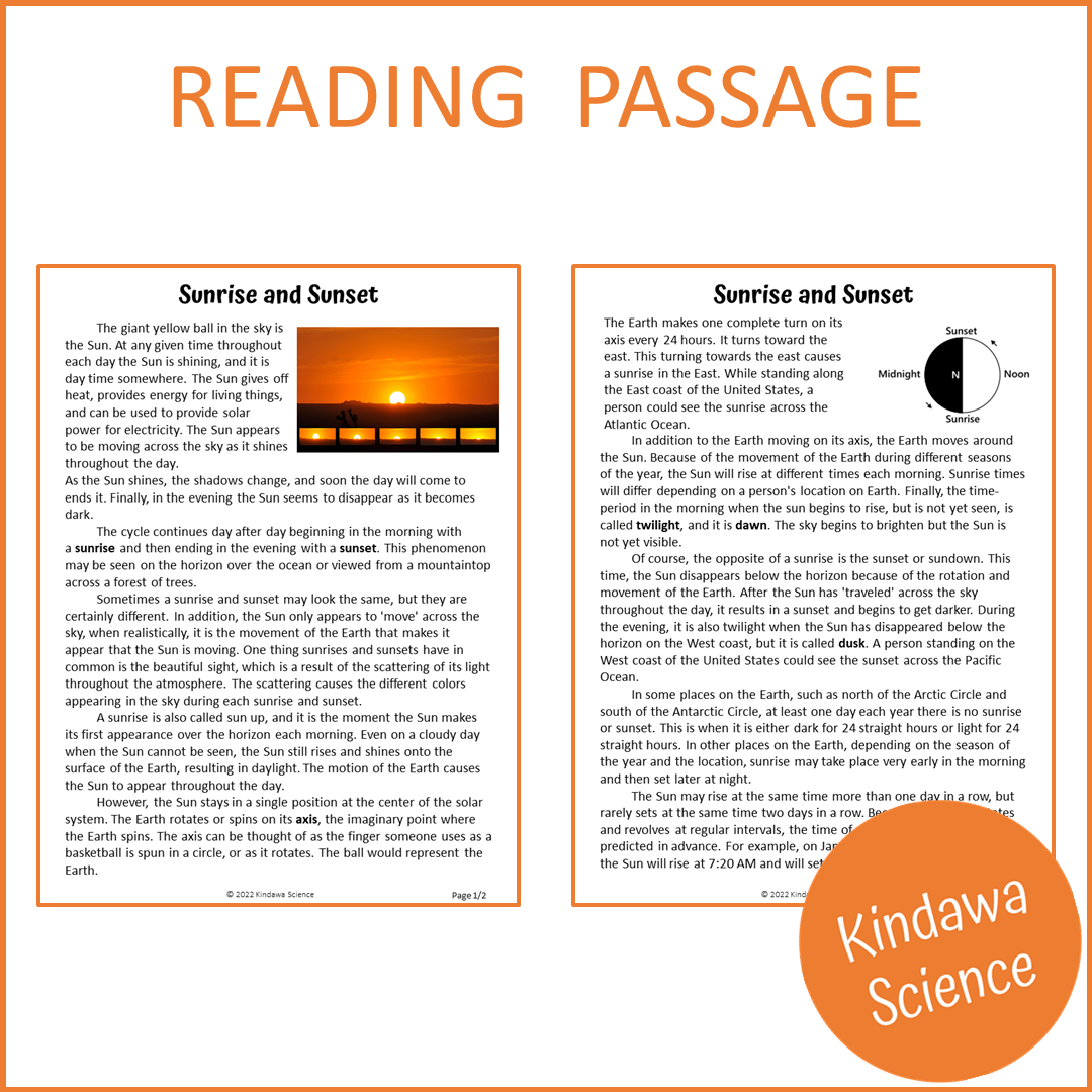 Sunrise And Sunset Reading Comprehension Passage and Questions | Printable PDF