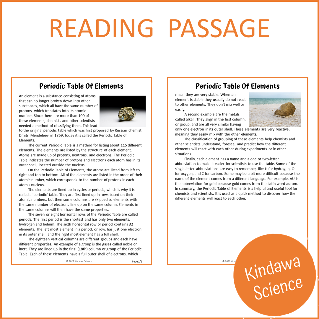 Periodic Table Of Elements Reading Comprehension Passage and Questions | Printable PDF