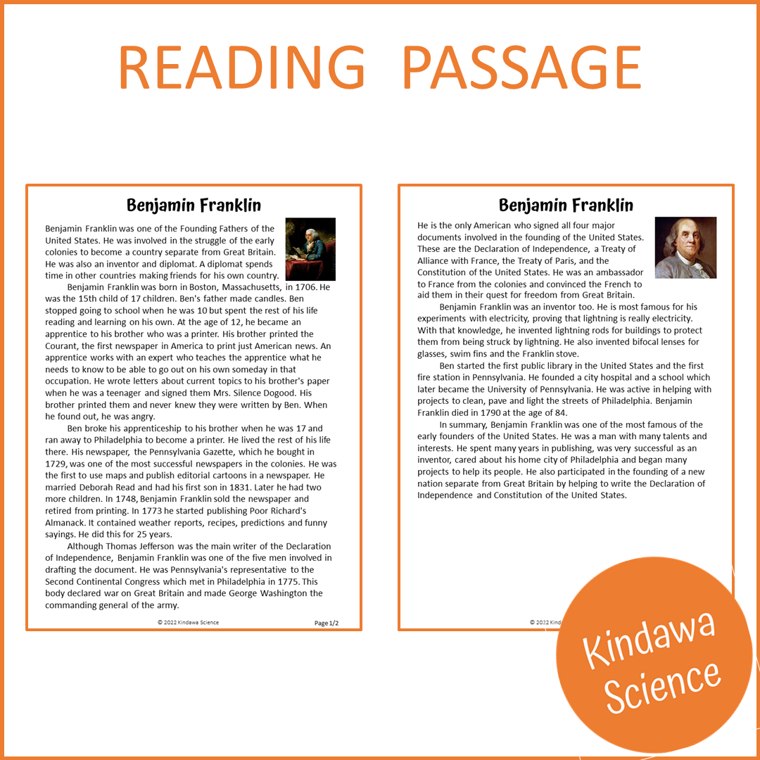 Benjamin Franklin Reading Comprehension Passage and Questions | Printable PDF