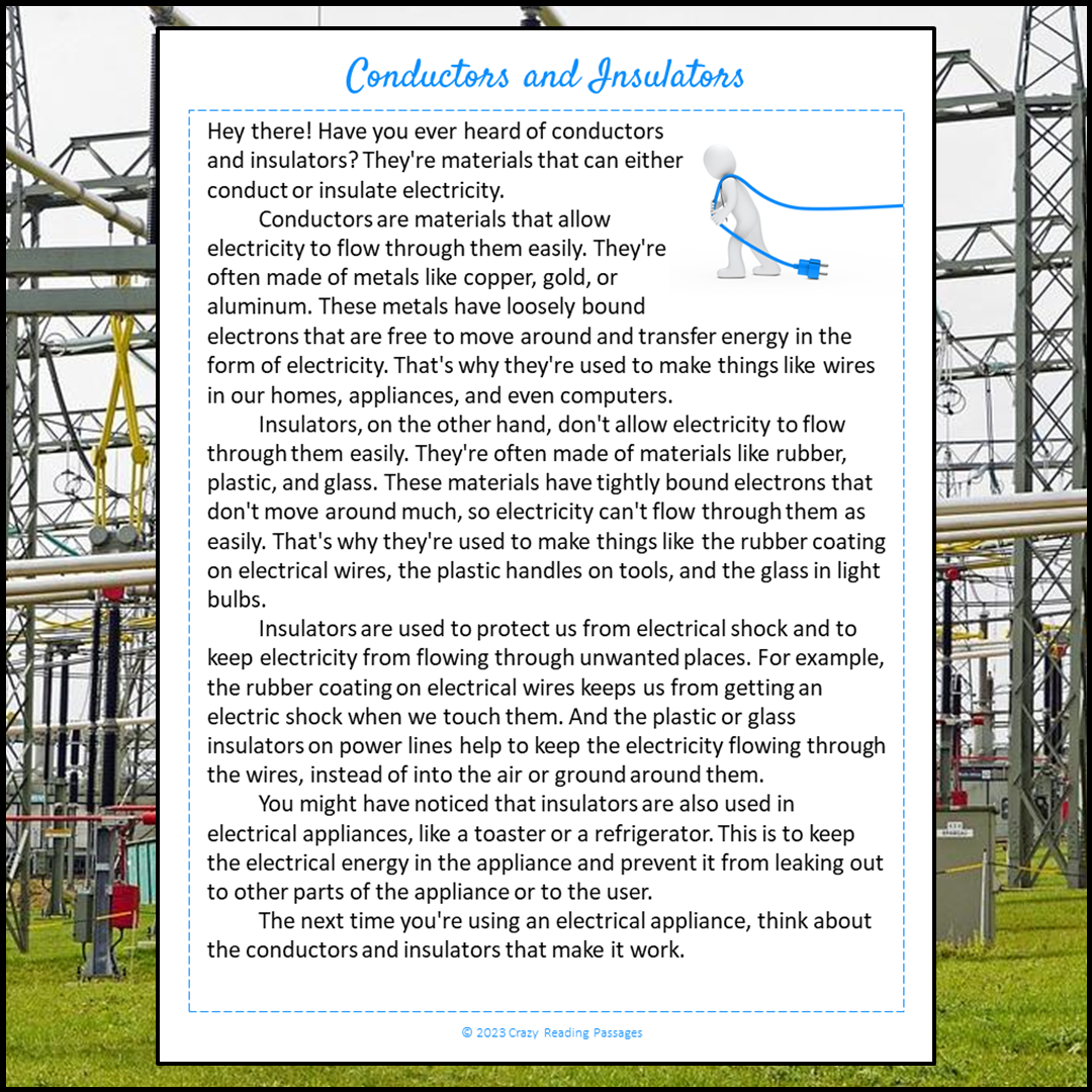 Conductors And Insulators Reading Comprehension Passage and Questions | Printable PDF