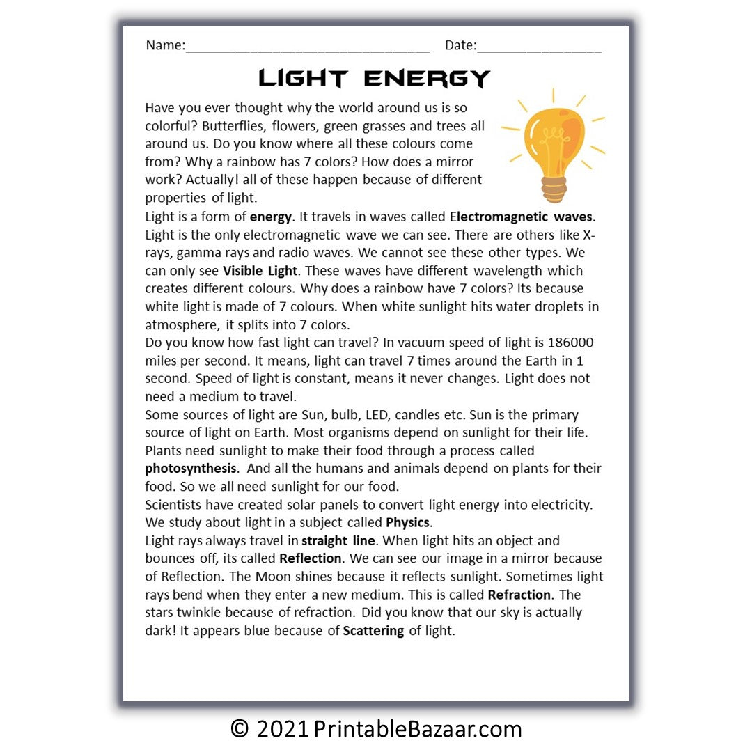 Light Energy Reading Comprehension Passage and Questions