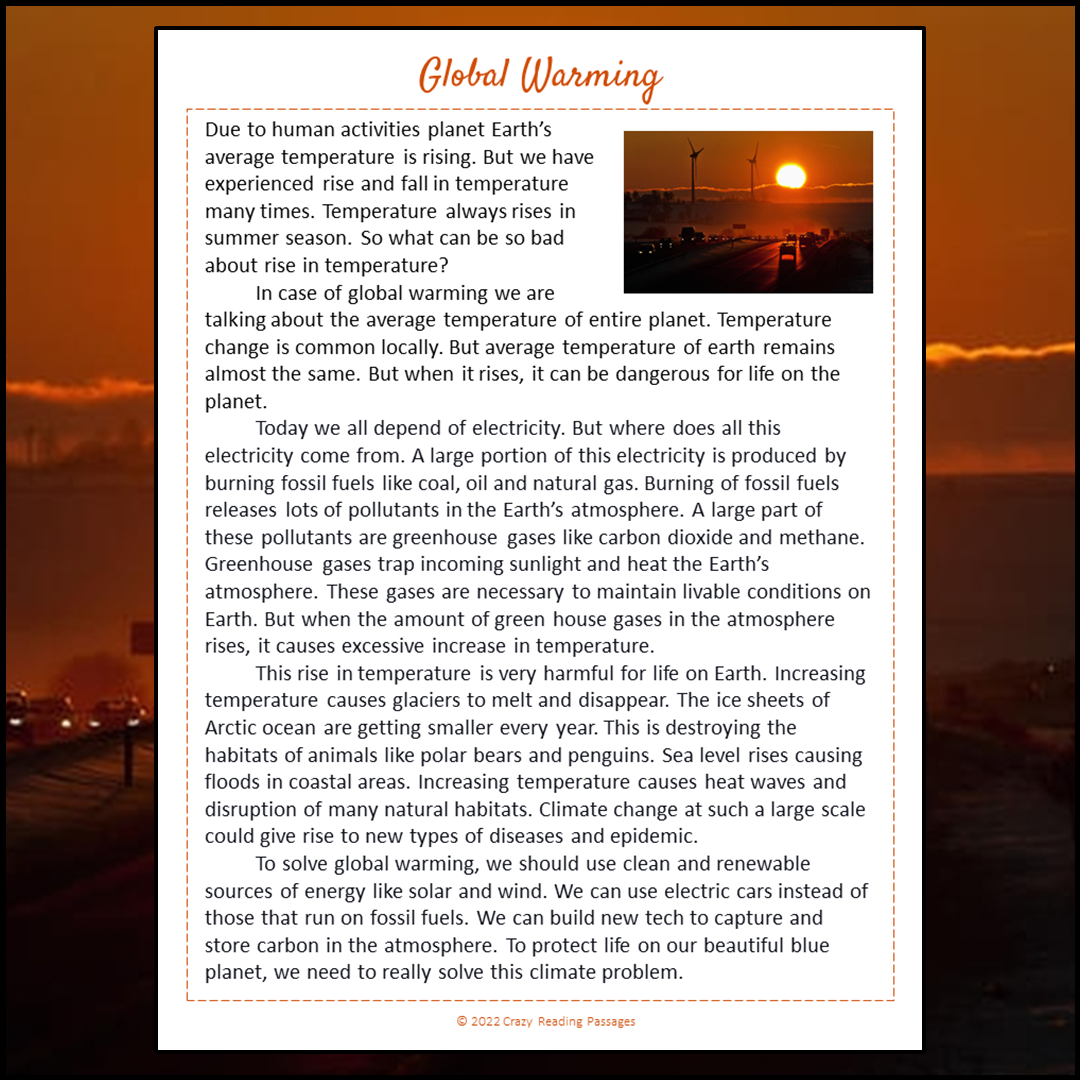 Global Warming Reading Comprehension Passage and Questions | Printable PDF