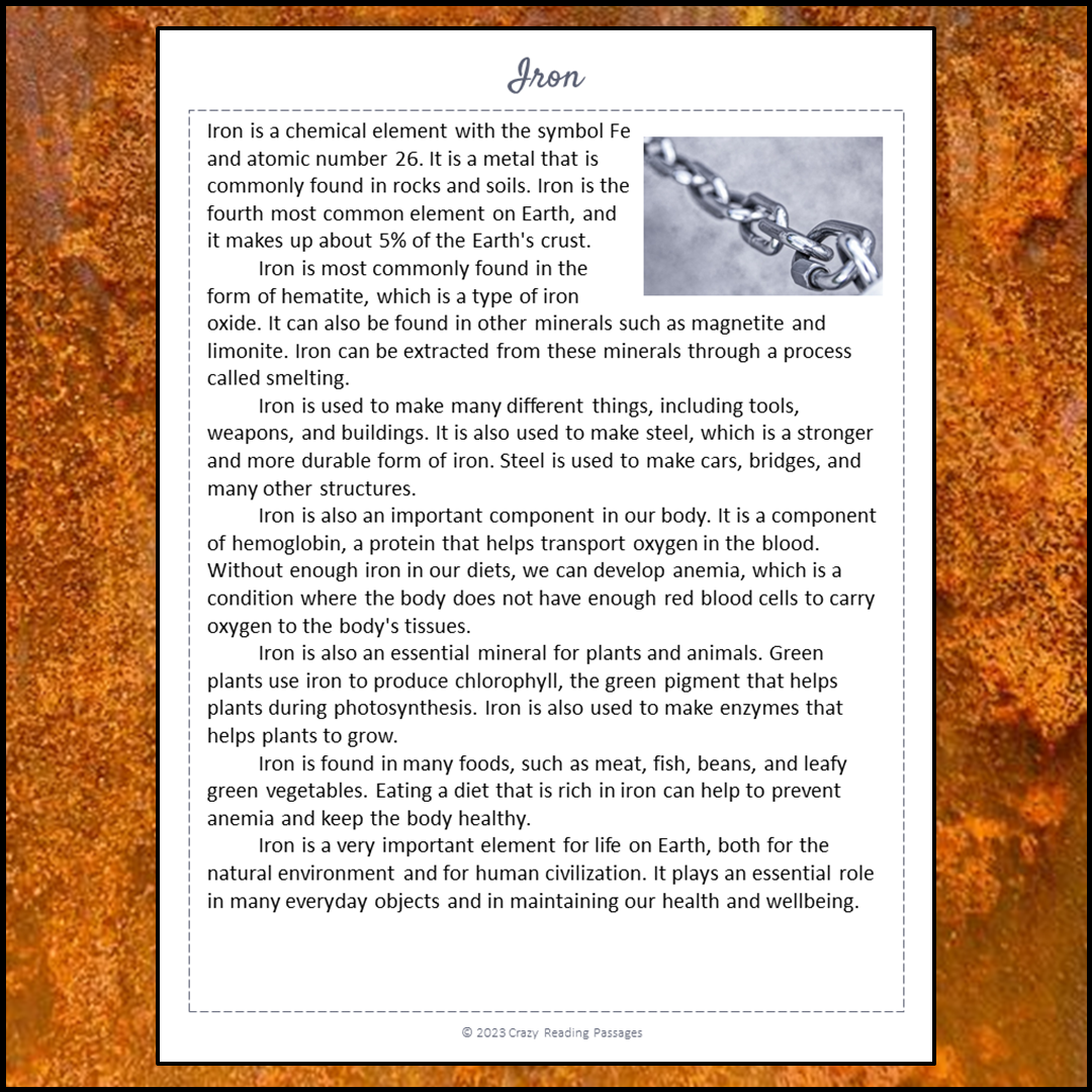 Iron Reading Comprehension Passage and Questions | Printable PDF