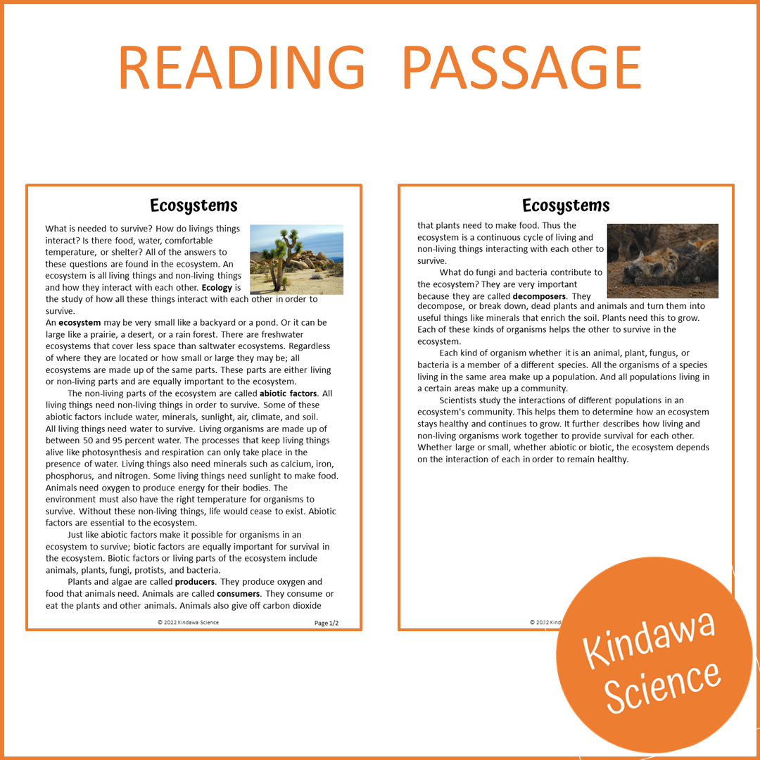 Ecosystems Reading Comprehension Passage and Questions | Printable PDF