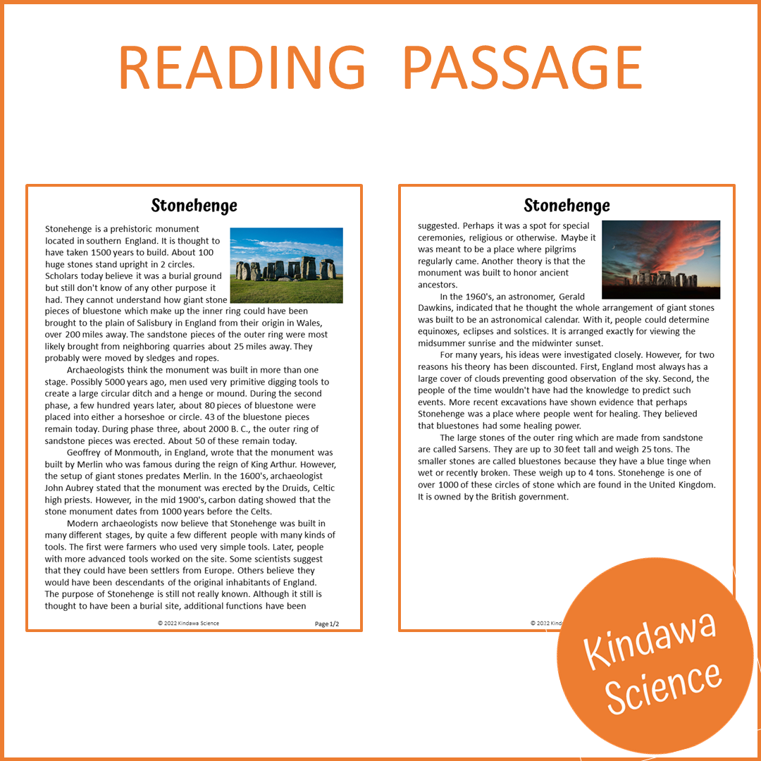 Stonehenge Reading Comprehension Passage and Questions | Printable PDF