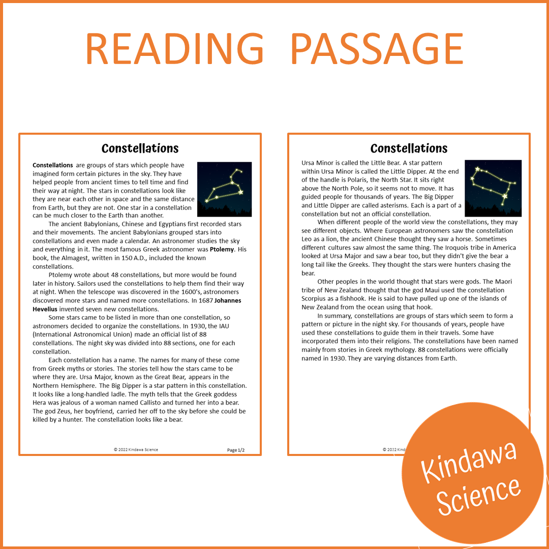 Constellations Reading Comprehension Passage and Questions | Printable PDF