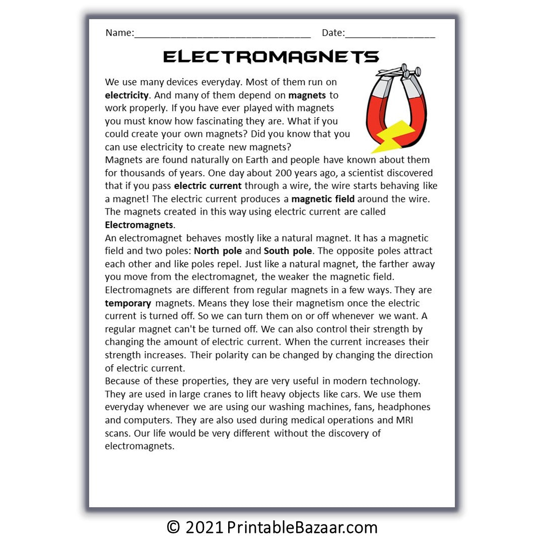 Electromagnets Reading Comprehension Passage and Questions
