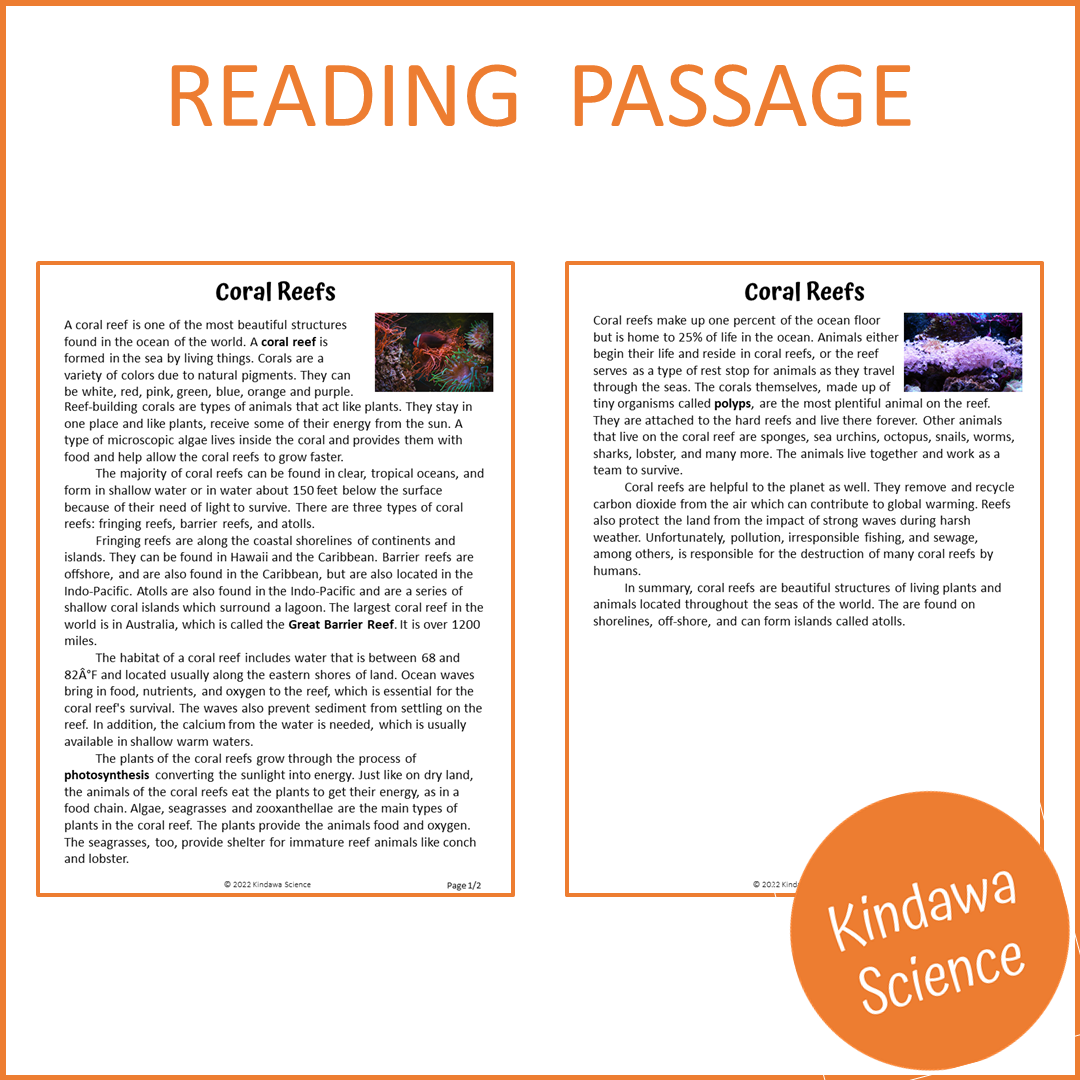 Coral Reefs Reading Comprehension Passage and Questions | Printable PDF