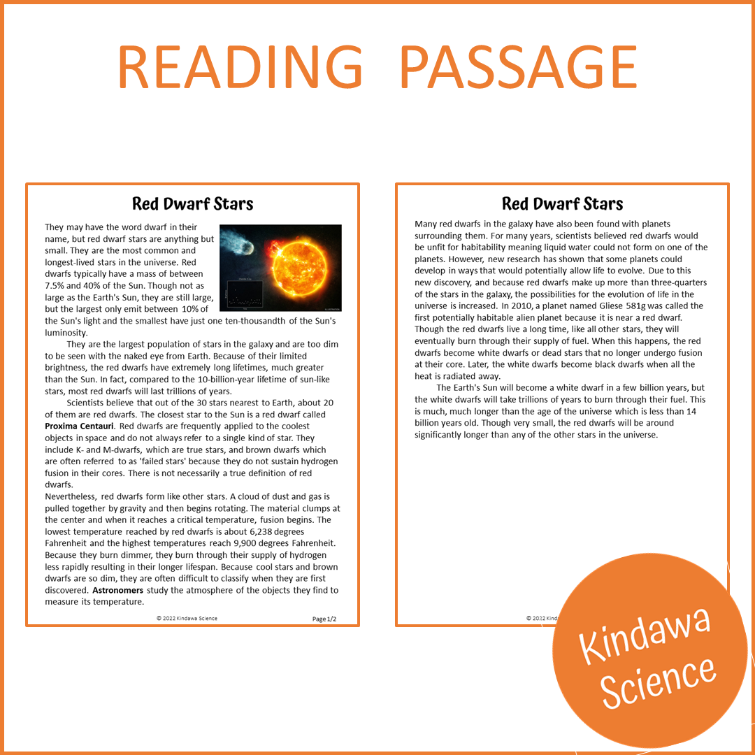 Red Dwarf Stars Reading Comprehension Passage and Questions | Printable PDF