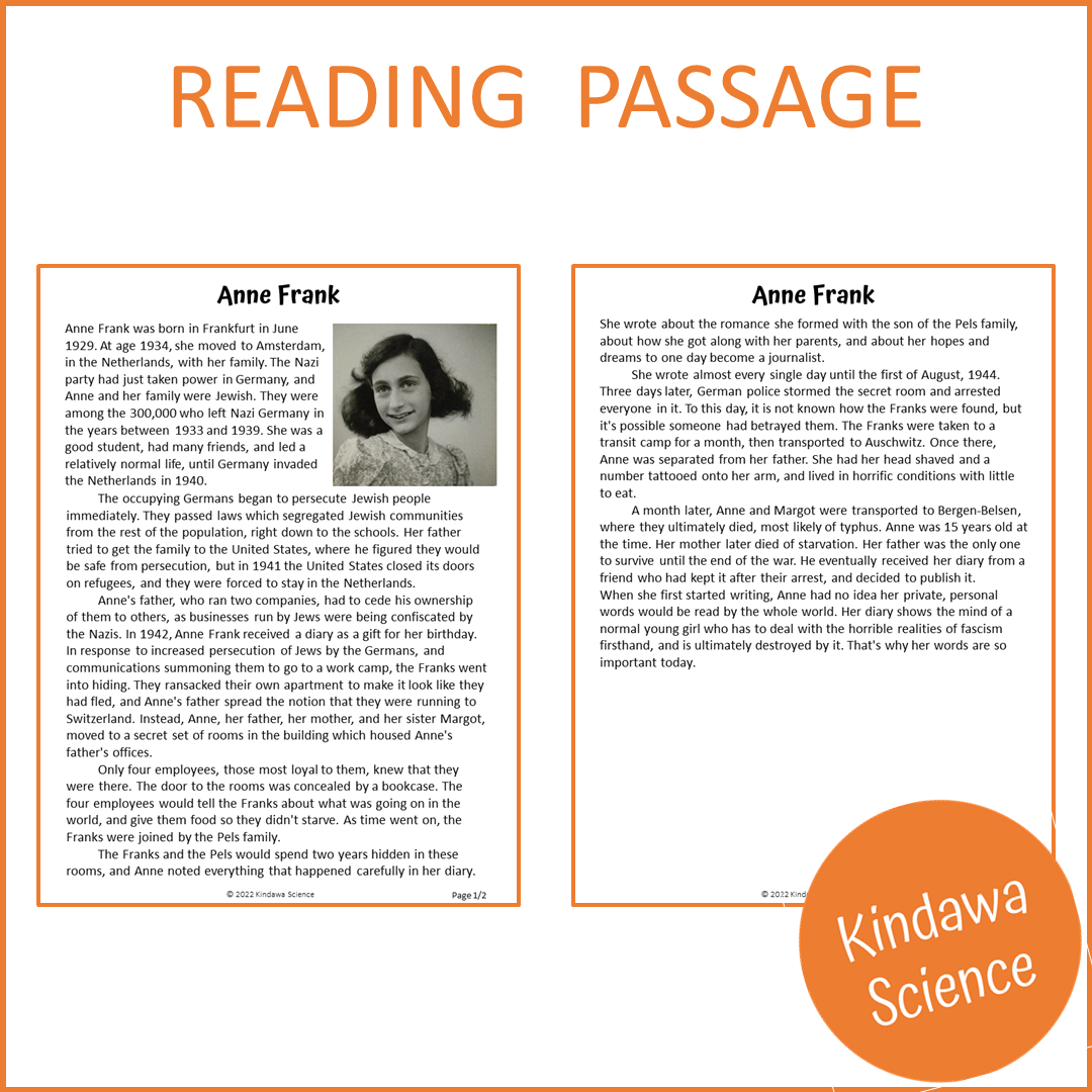 Anne Frank Reading Comprehension Passage and Questions | Printable PDF