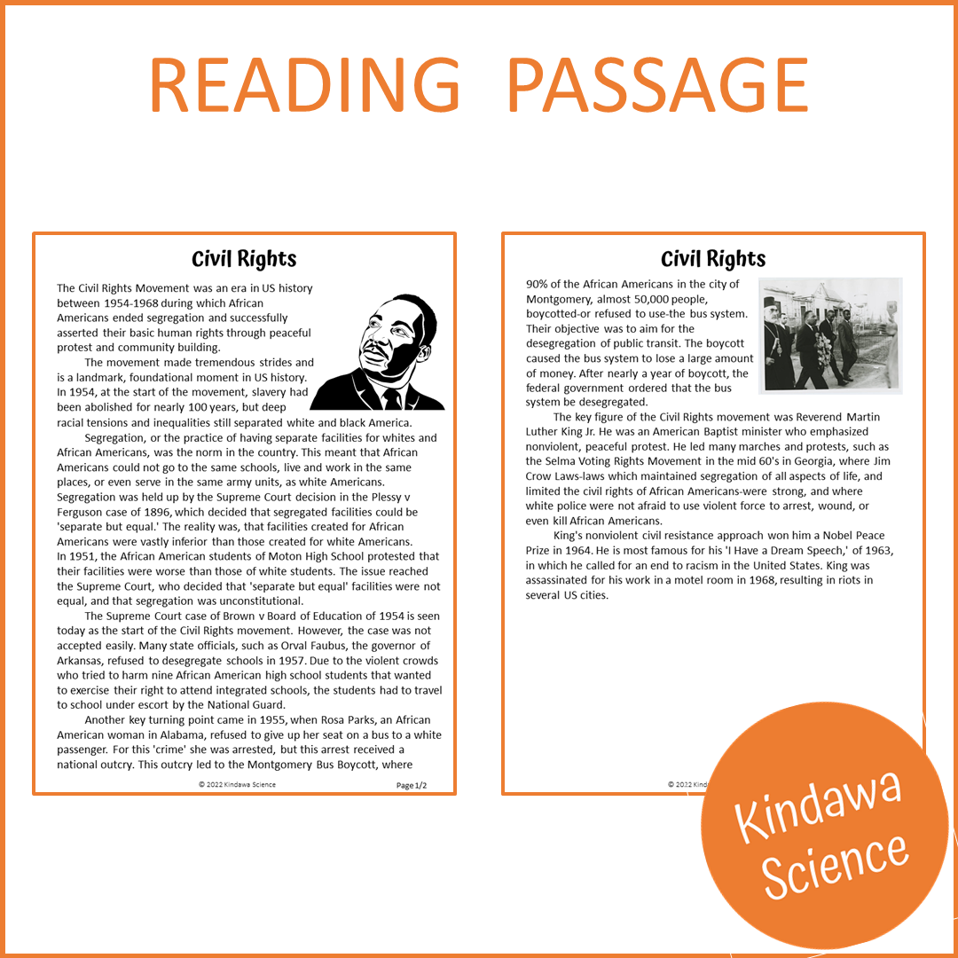 Civil Rights Reading Comprehension Passage and Questions | Printable PDF