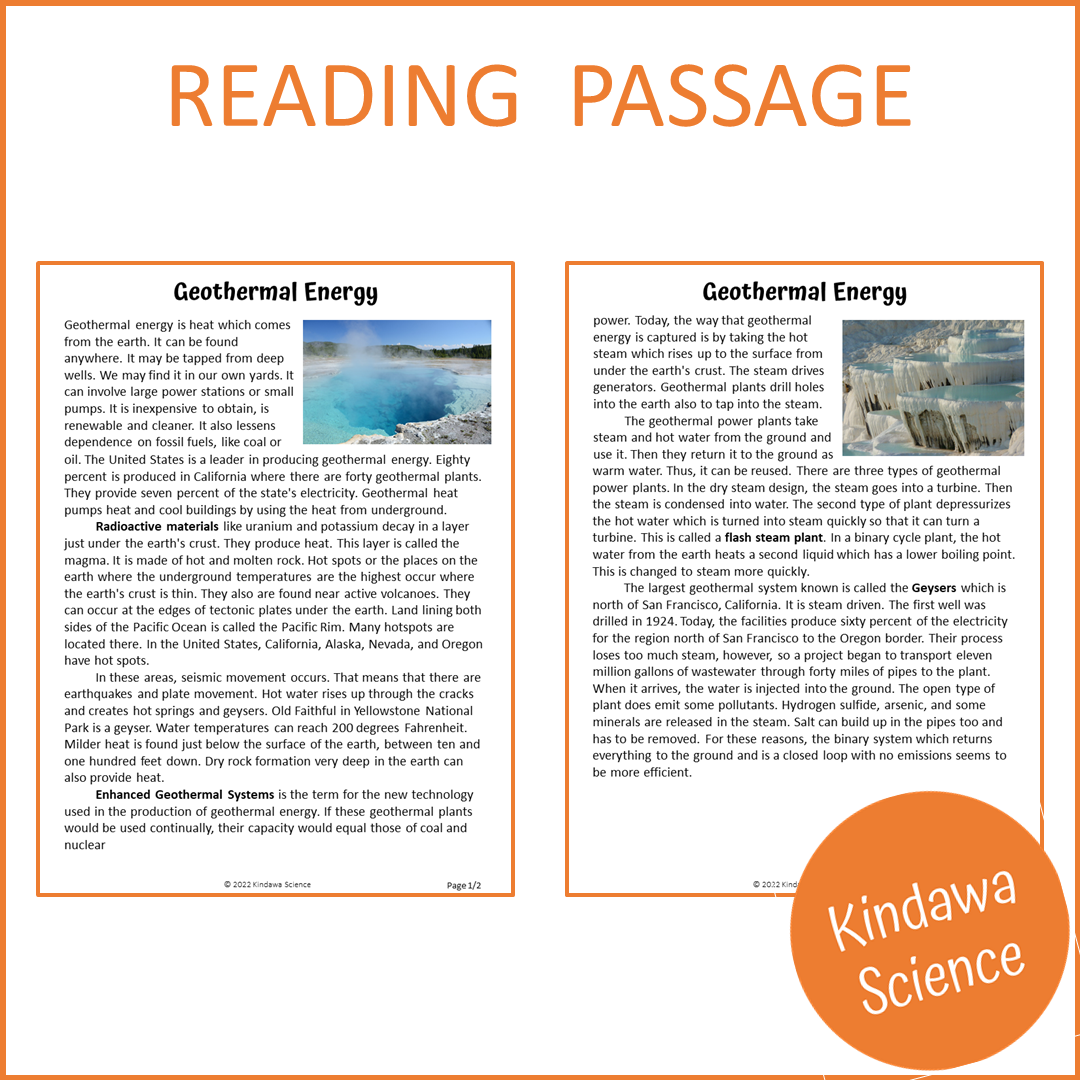 Geothermal Energy Reading Comprehension Passage and Questions | Printable PDF