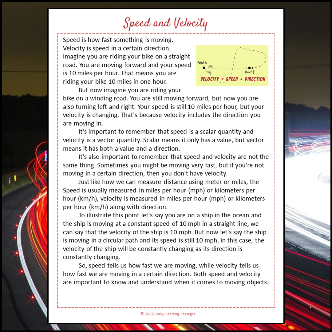 Speed And Velocity Reading Comprehension Passage and Questions | Printable PDF