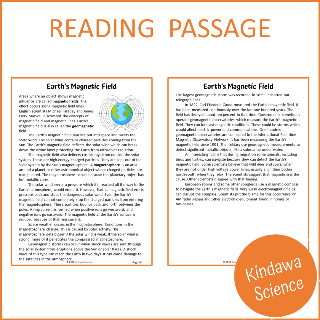 Earth's Magnetic Field Reading Comprehension Passage and Questions | Printable PDF