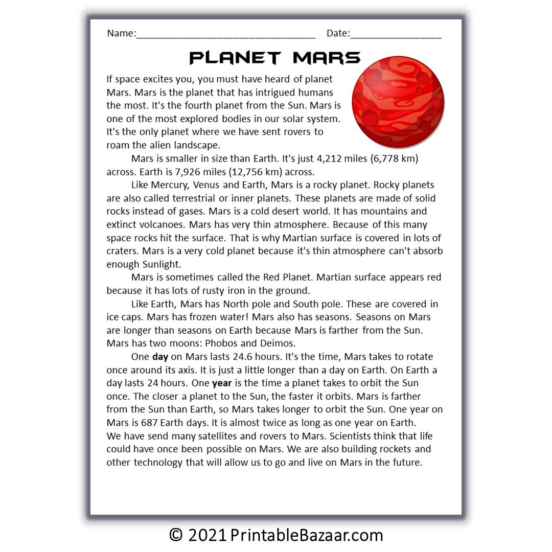 Mars Reading Comprehension Passage and Questions