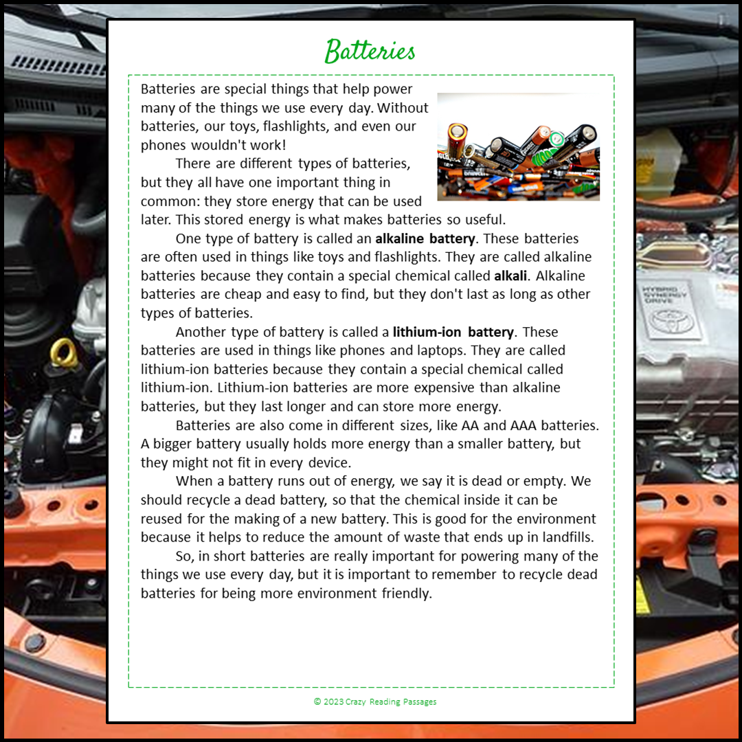 Batteries Reading Comprehension Passage and Questions | Printable PDF