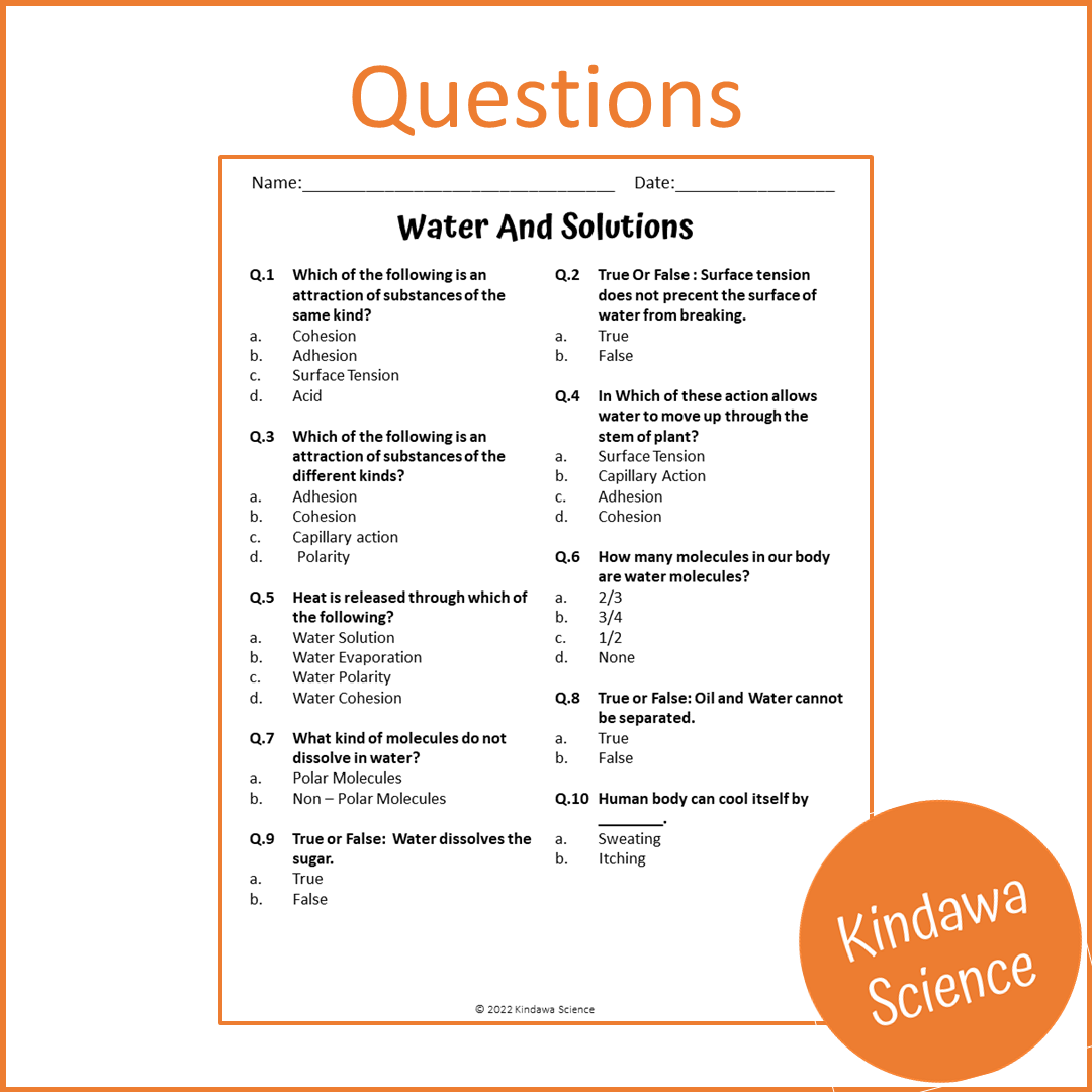 Water And Solutions Reading Comprehension Passage and Questions | Printable PDF