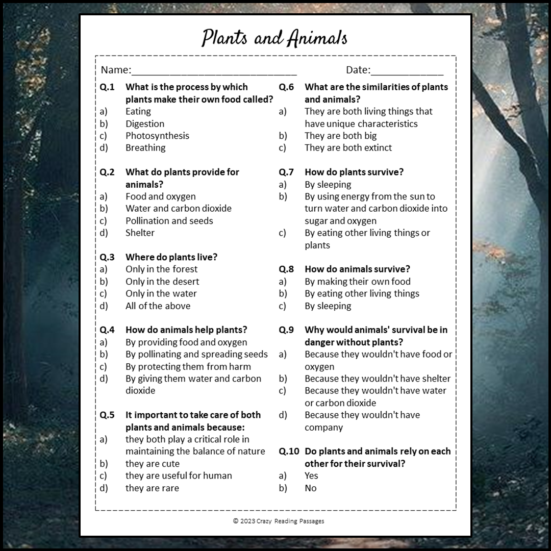 Plants And Animals Reading Comprehension Passage and Questions | Printable PDF