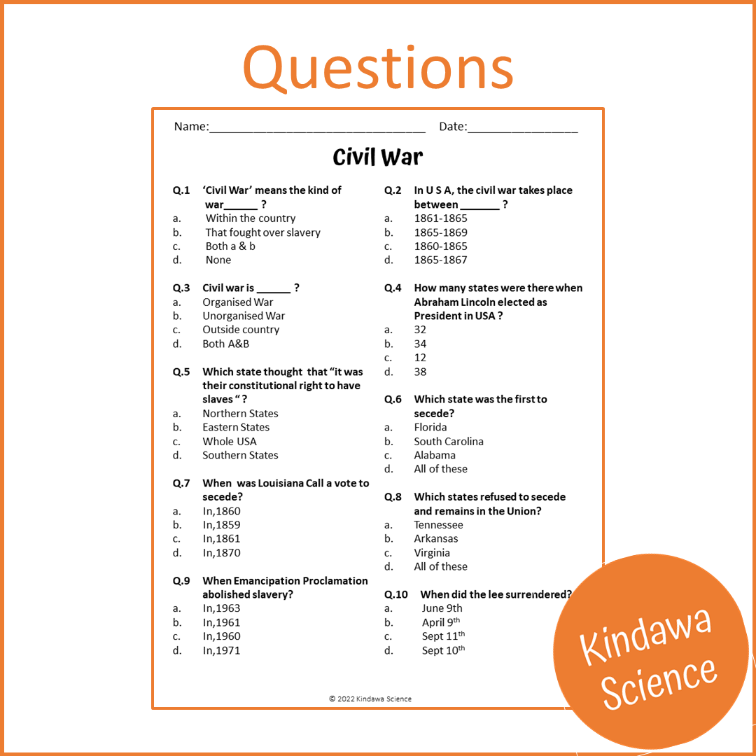 Civil War Reading Comprehension Passage and Questions | Printable PDF