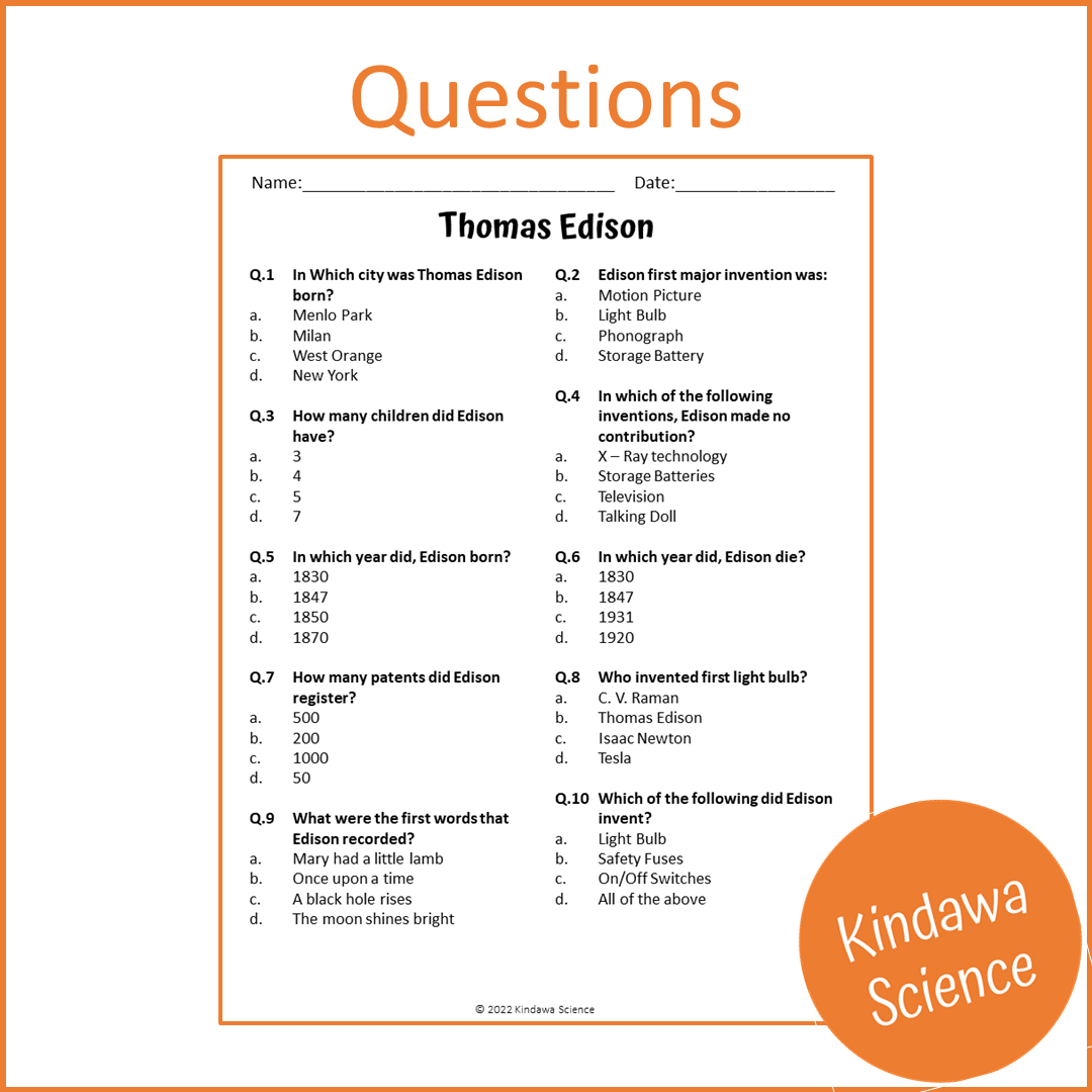 Thomas Edison Reading Comprehension Passage and Questions | Printable PDF