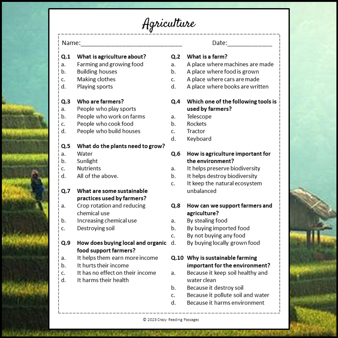 Agriculture Reading Comprehension Passage and Questions | Printable PDF