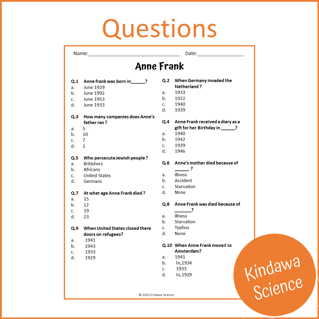 Anne Frank Reading Comprehension Passage and Questions | Printable PDF
