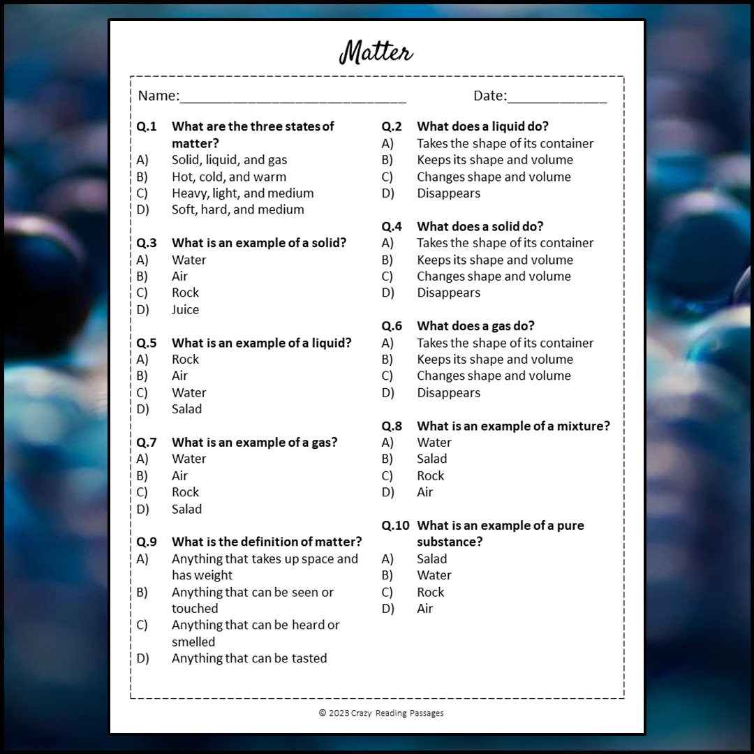 Matter Reading Comprehension Passage and Questions | Printable PDF