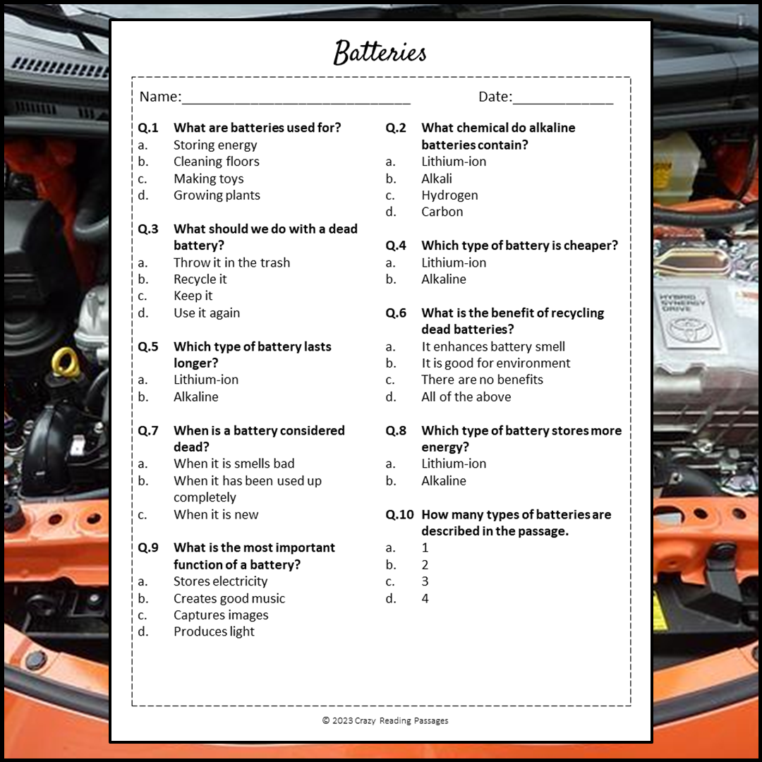Batteries Reading Comprehension Passage and Questions | Printable PDF
