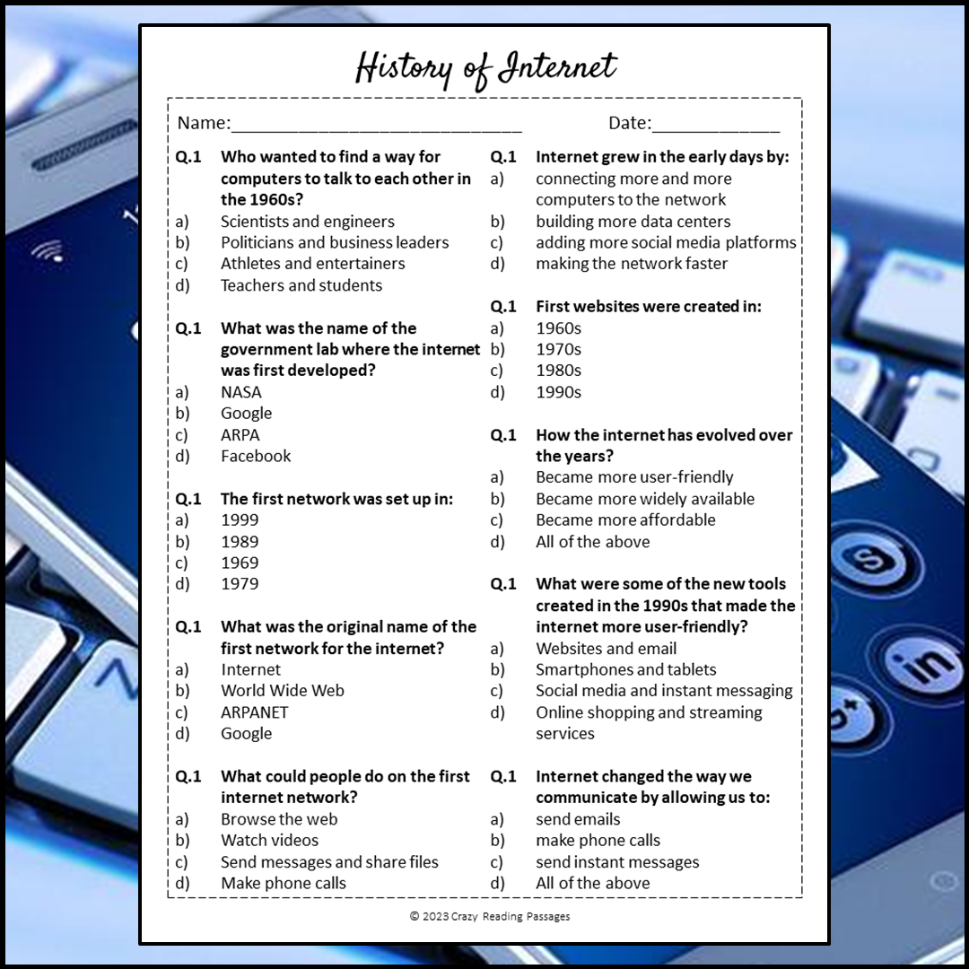 History Of Internet Reading Comprehension Passage and Questions | Printable PDF