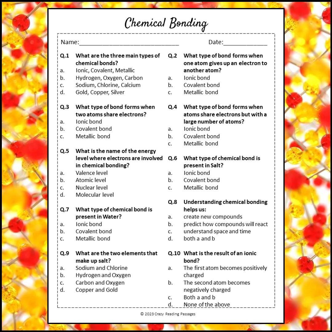 Chemical Bonding Reading Comprehension Passage and Questions | Printable PDF