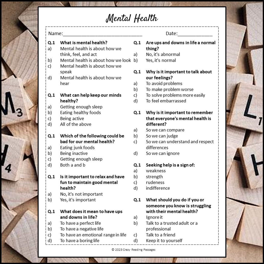 Mental Health Reading Comprehension Passage and Questions | Printable PDF