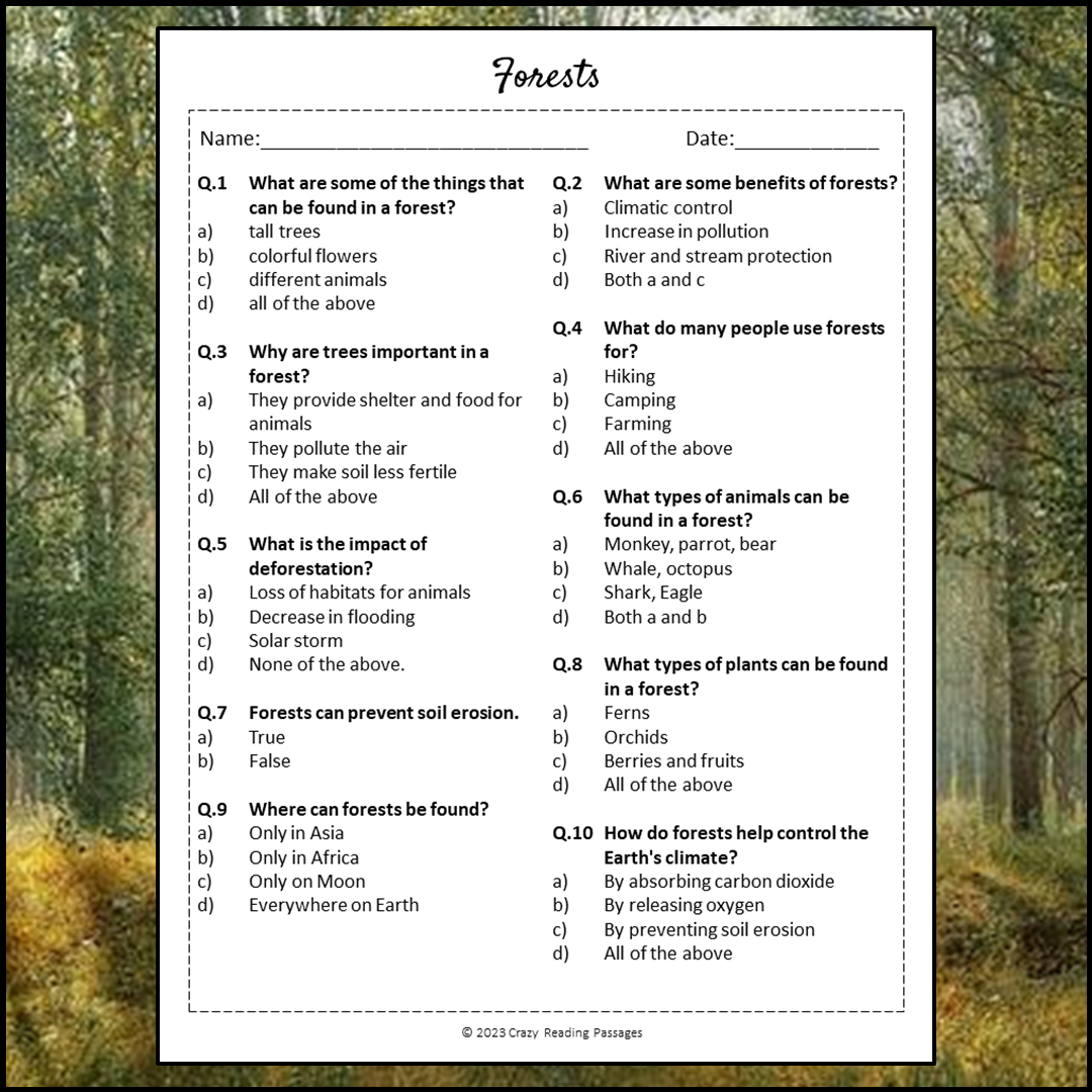 Forests Reading Comprehension Passage and Questions | Printable PDF