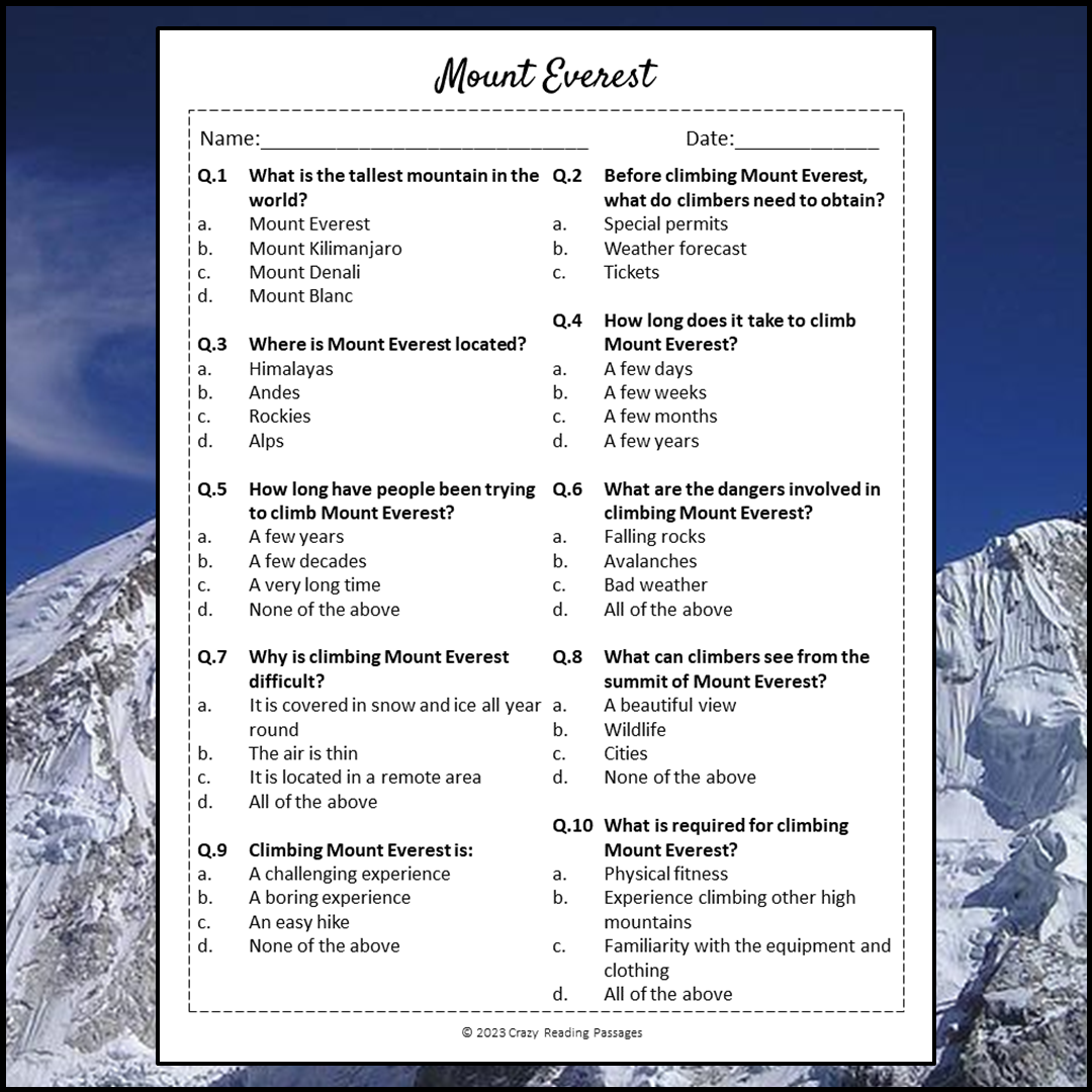 Mount Everest Reading Comprehension Passage and Questions | Printable PDF