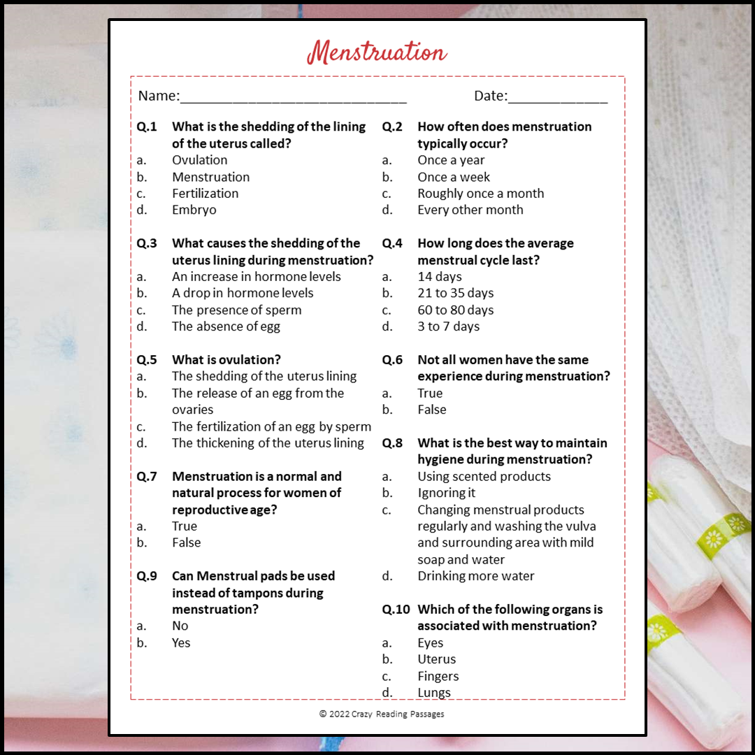 Menstruation Reading Comprehension Passage and Questions | Printable PDF