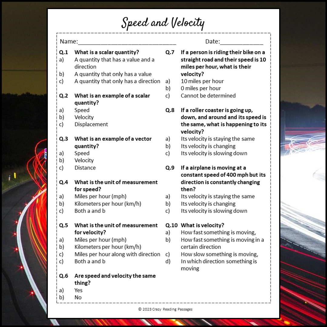 Speed And Velocity Reading Comprehension Passage and Questions | Printable PDF