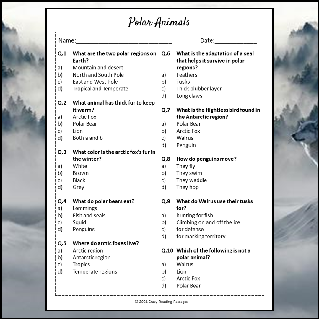 Polar Animals Reading Comprehension Passage and Questions | Printable PDF