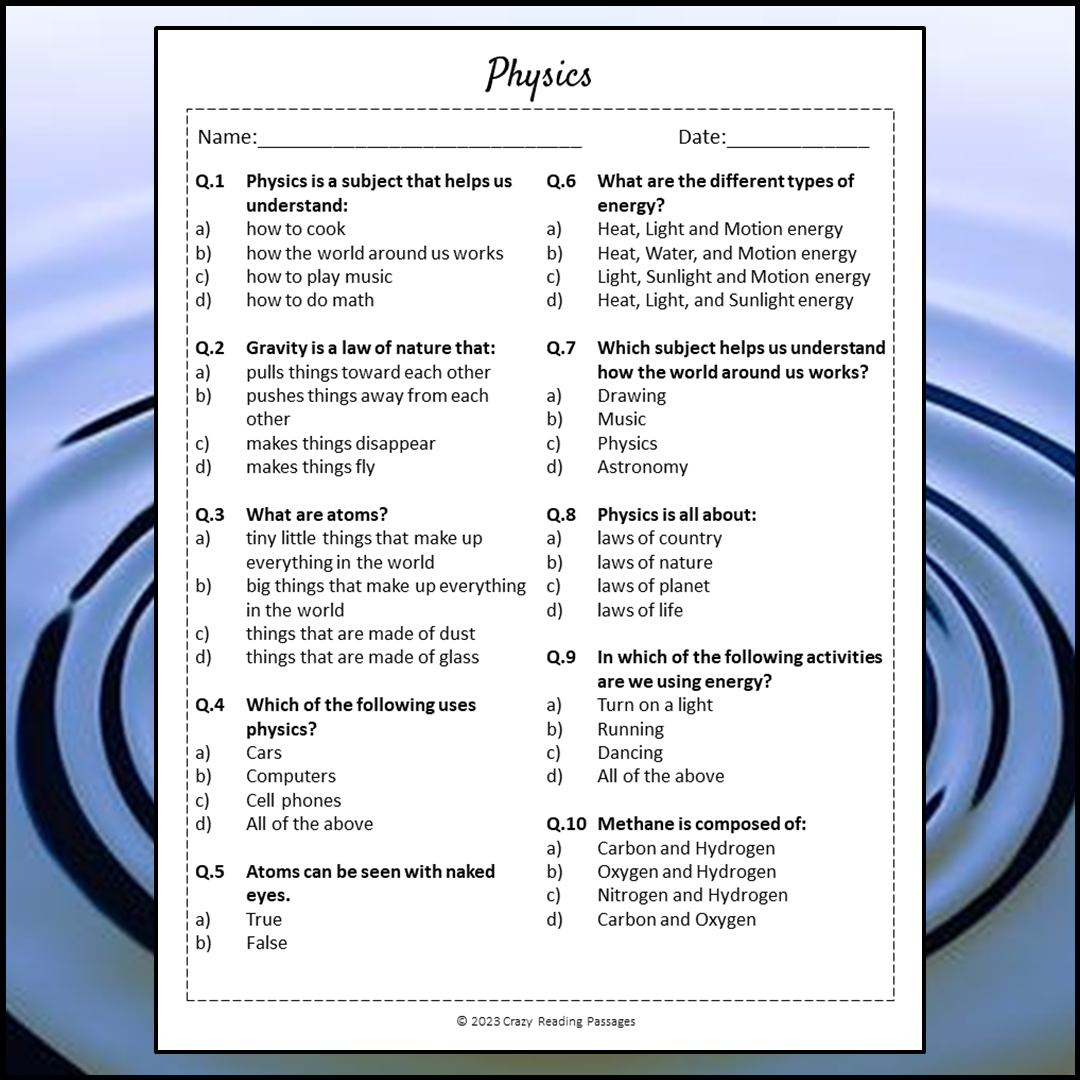 Physics Reading Comprehension Passage and Questions | Printable PDF