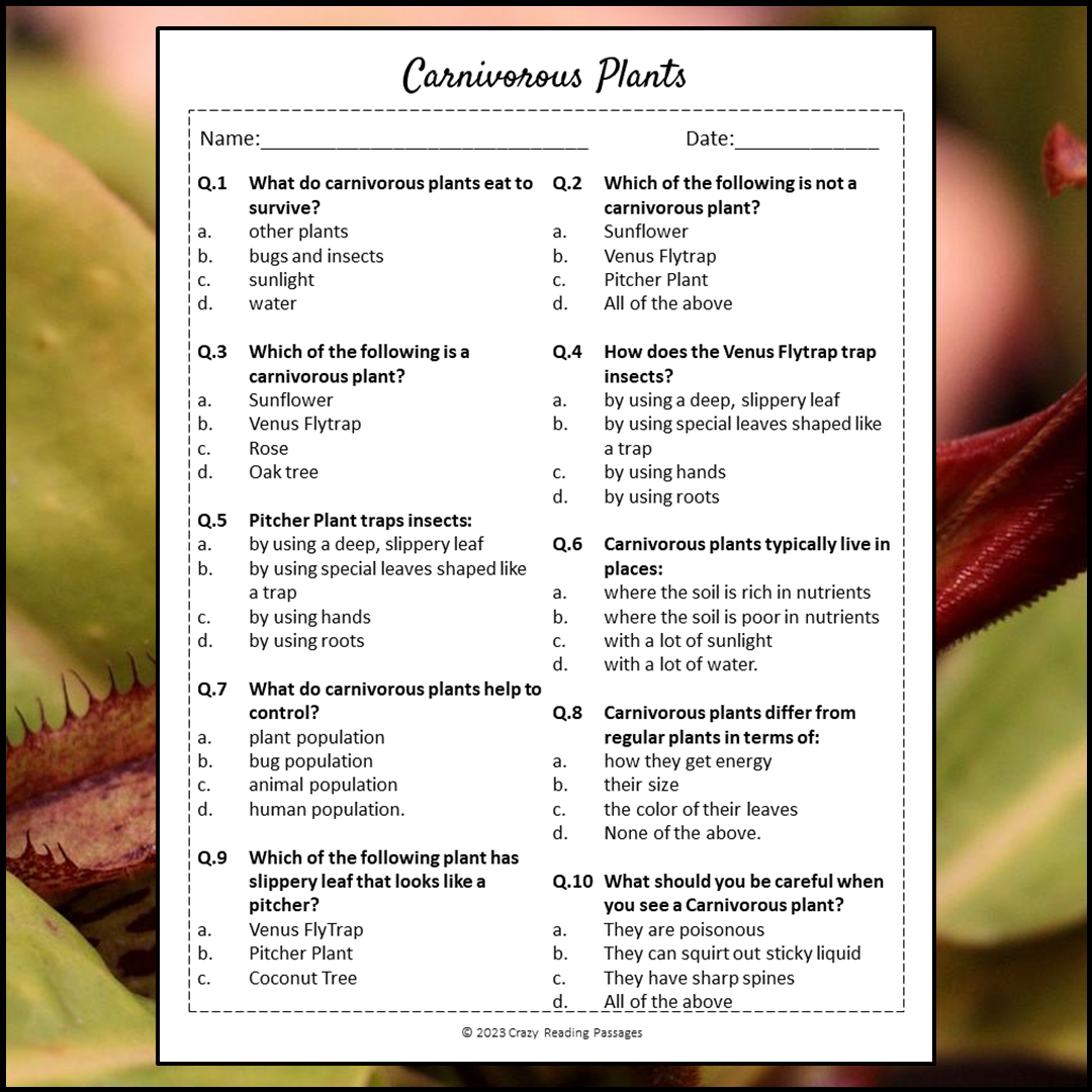 Carnivorous Plants Reading Comprehension Passage and Questions | Printable PDF