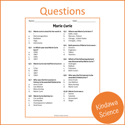Marie Curie Reading Comprehension Passage and Questions | Printable PDF