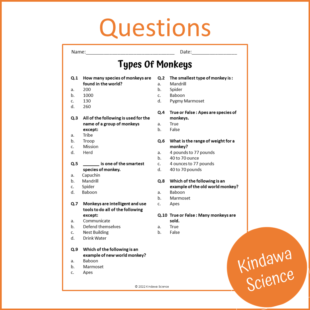 Types Of Monkeys Reading Comprehension Passage and Questions | Printable PDF