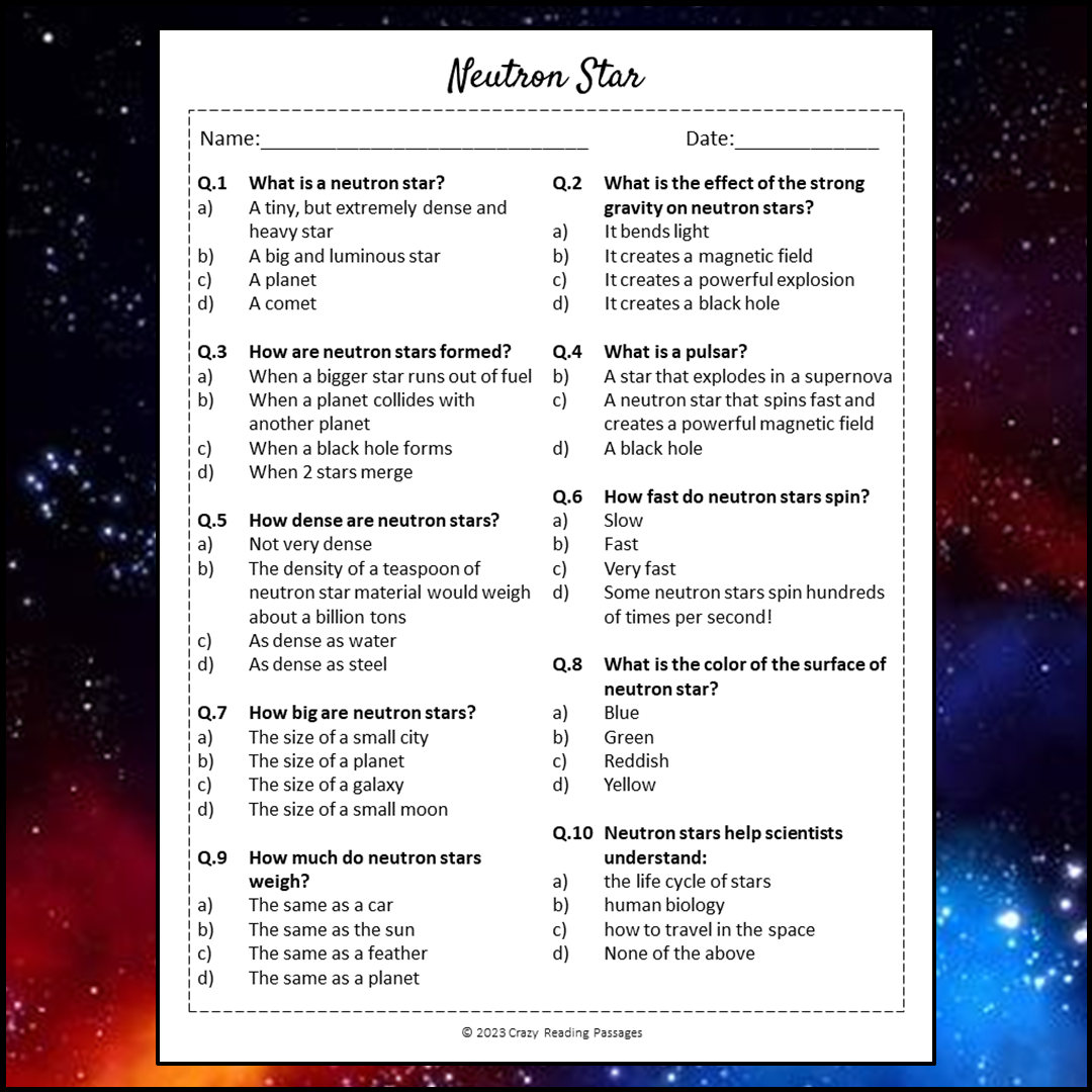 Neutron Star Reading Comprehension Passage and Questions | Printable PDF
