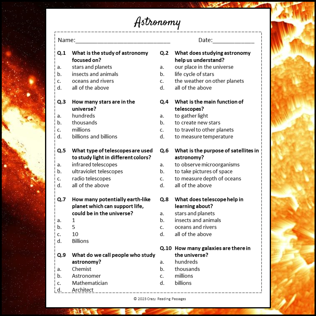 Astronomy Reading Comprehension Passage and Questions | Printable PDF